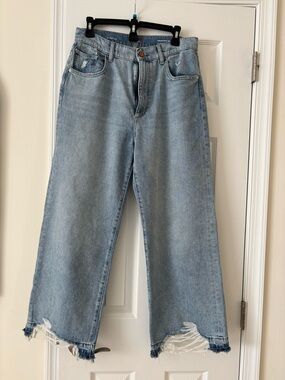 DL1961 Light Blue High-Rise Wide Leg Jeans with Distressed Hem